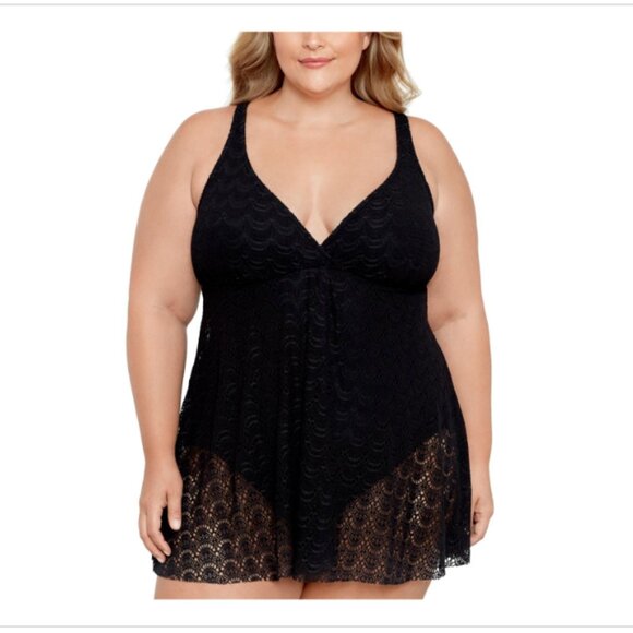 Swim Solutions Plus Size Lace Swimdress, Tummy Control, Black, 20W 9328 - Picture 1 of 1